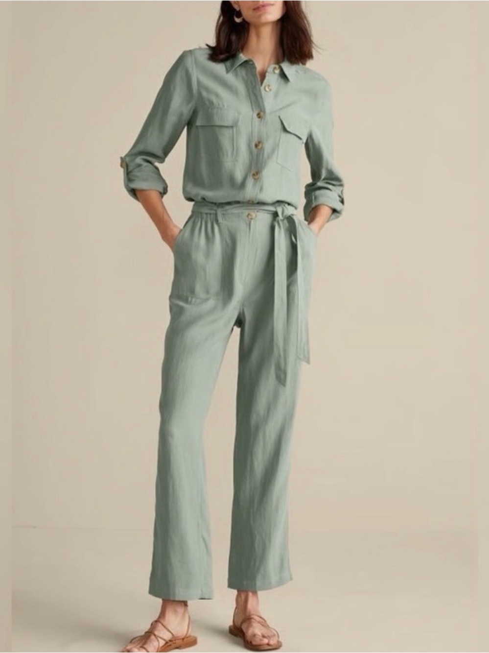 Soft Surroundings Kerry Jumpsuit Green Milieu Lyocell Linen Size 14